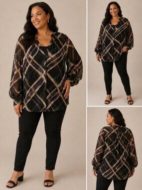 Chico's Black, Purple & Tan Plaid Sheer Button-Down Blouse
